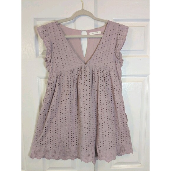 Pink Eyelet Babydoll Romper Dress Cottagecore Boho V-Neck Flutter Sleeve Medium - Picture 3 of 9
